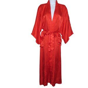 Full Length Red Kimono Robe Womens M Pockets Belted Bamboo Pattern